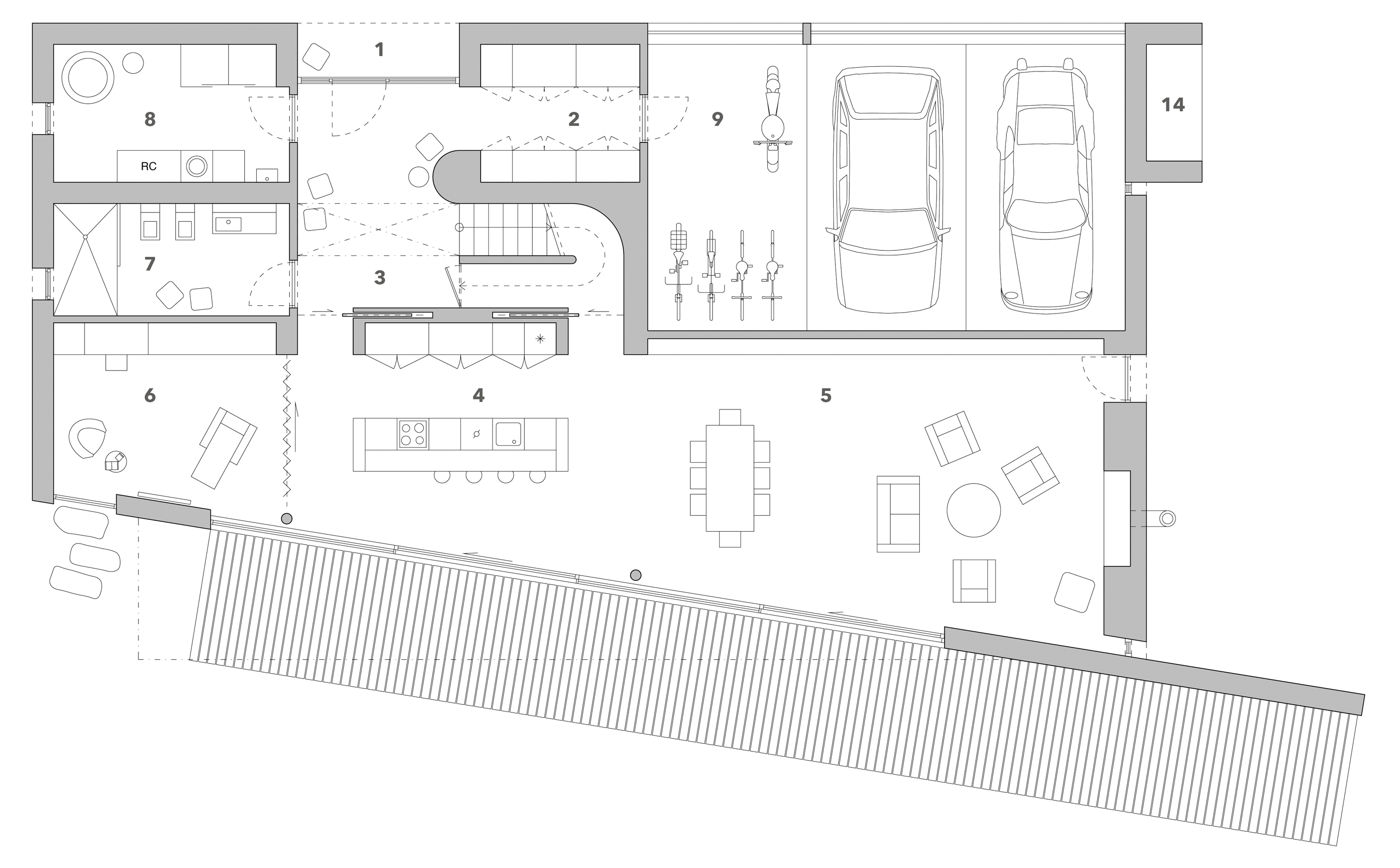 first floor: 1 - main entrance, 2 - Cloak room, 3 - Hallway with stairs, 4 - kitchen, 5 - Dining & living area,  6 study room, 7 - WC/Bathroom, 8 - Technical room, 9 - garage & workshop, 14 - outdoor storage